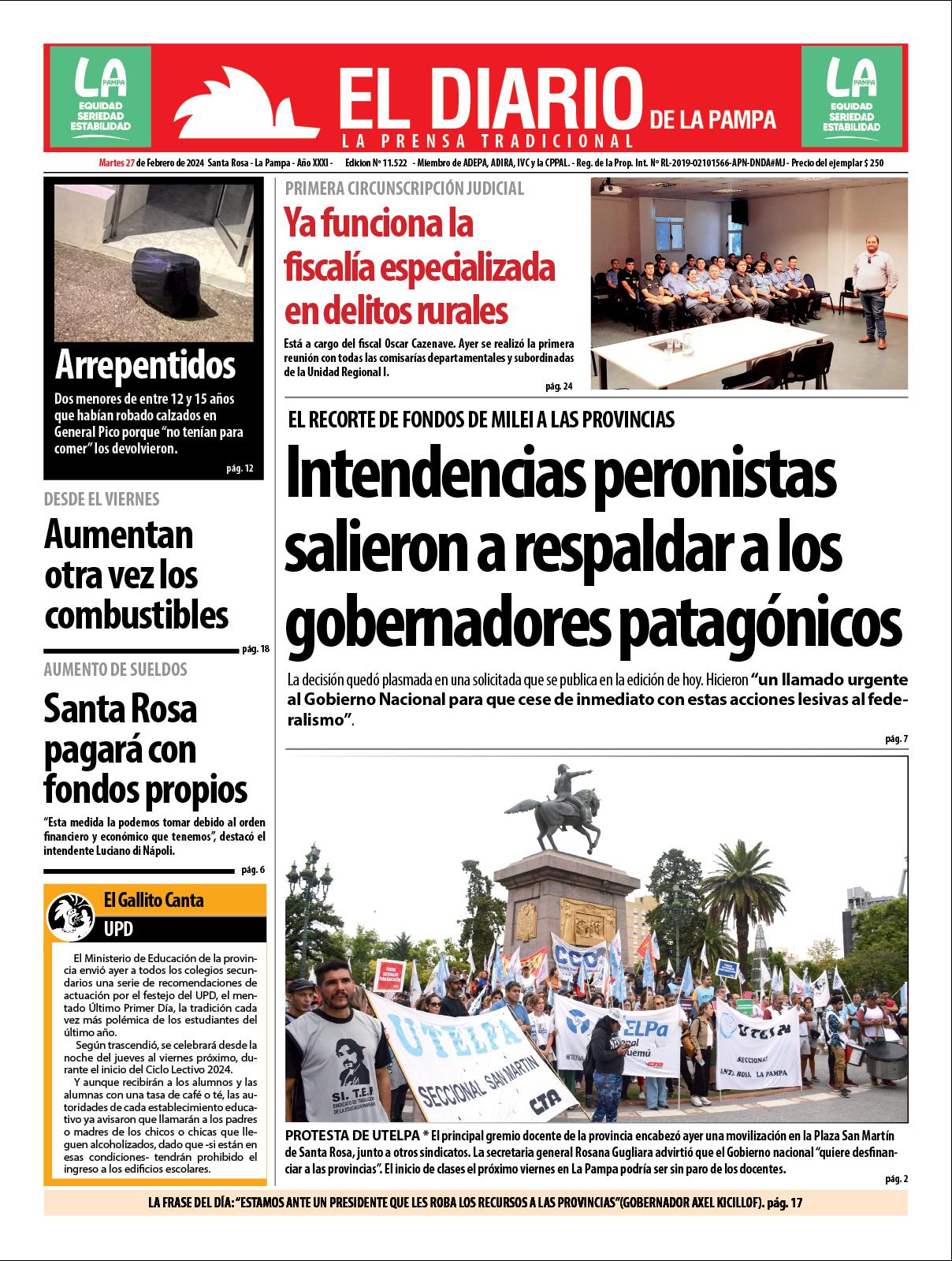 Tapa de El Diario en papel  martes 27 de febrero de 2024